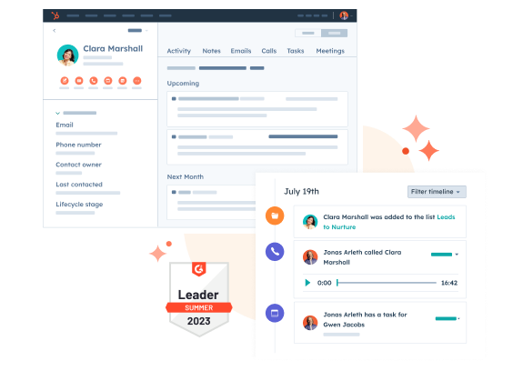 Simplified HubSpot UI showing a contact record for a business in HubSpot CRM, plus the contact's activity and interactions with the business. Also shows a G2 award badge awarded to HubSpot CRM as a leader in summer 2023.